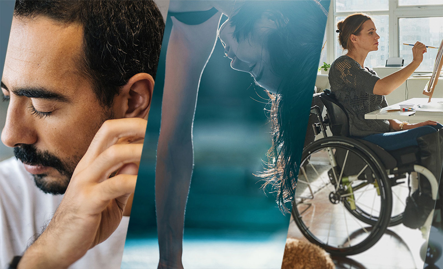 Ảnh ghép từ ba hình ảnh, gồm một người đang nhắm mắt, một người đang ở tư thế trồng cây chuối và một người ngồi xe lăn đang vẽ tranh.