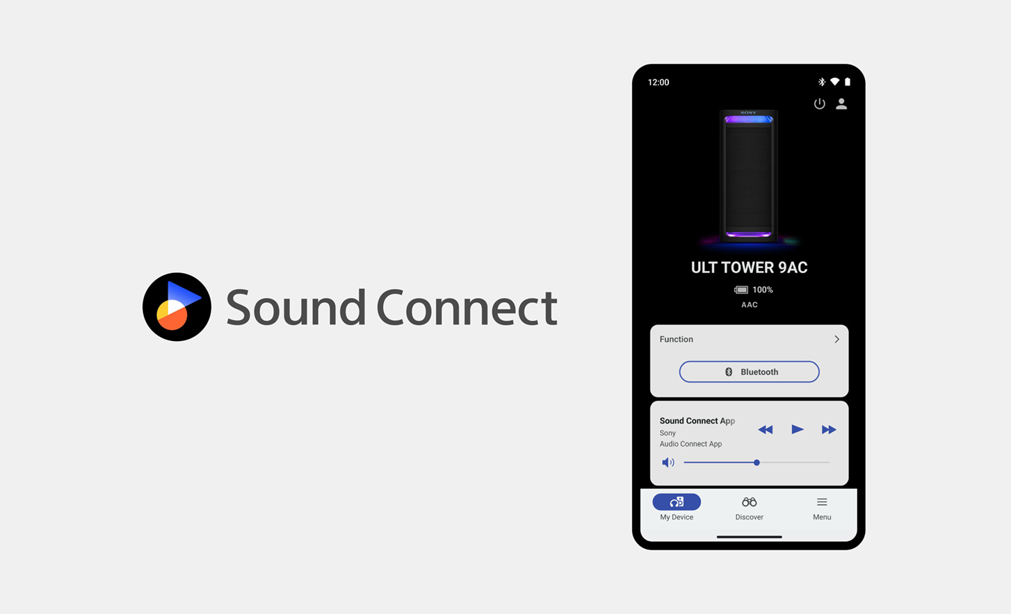 Logo Sound Connect ở bên cạnh hình ảnh một chiếc điện thoại di động có Ứng dụng Sony Connect đang được mở và sử dụng trên màn hình