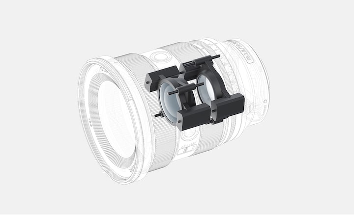 Sơ đồ hiển thị các vị trí bên trong bộ truyền động dùng cho FE 16–35 mm F2.8 GM, với 4 nhóm và 2 thấu kính