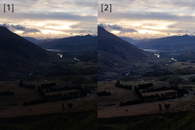 Hình ảnh mẫu chụp phong cảnh, so sánh giữa ảnh RAW gốc và ảnh RAW HDR tổng hợp.