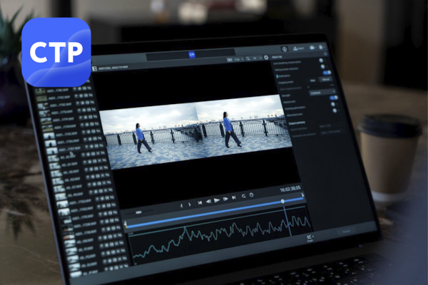 Hình ảnh một chiếc máy tính xách tay hiển thị phần mềm chỉnh sửa video Catalyst Prepare với đoạn phim được quay bằng máy quay FX5.