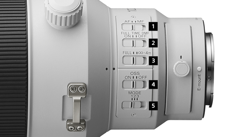 Hình ảnh sản phẩm minh họa các công tắc điều khiển trên thân ống kính SEL100400MC.