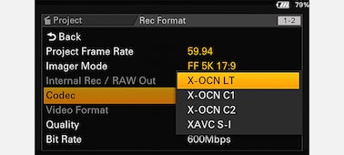 H&igrave;nh ảnh menu chế độ codec, với t&ugrave;y chọn X-OCN LT đang được chọn.