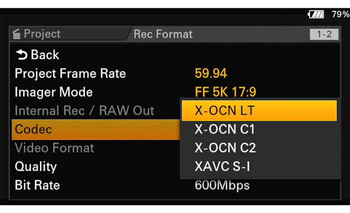 Hình ảnh menu chế độ codec, với tùy chọn X-OCN LT đang được chọn.