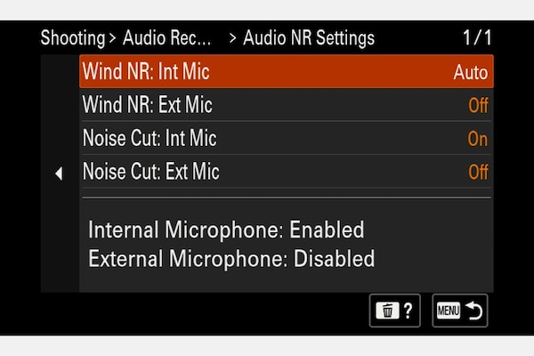Menu máy ảnh đang hiển thị Cài đặt Audio NR.